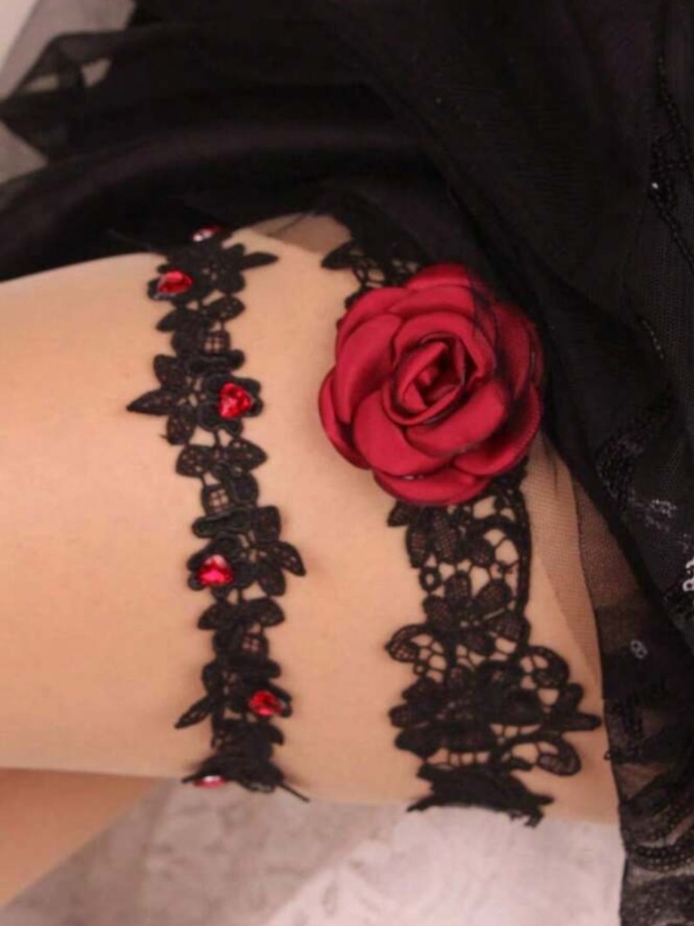Black Lace Garter Set with Red Rose Accent